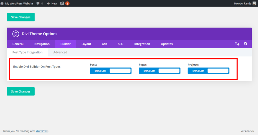 Enable Divi Builder on Post Types